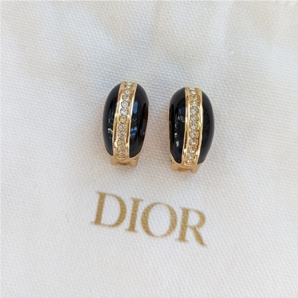 Dior Vintage Black and Gold Rhinestone Clip-on Earrings - Picture 3 of 7